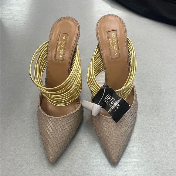Aquazzura Tan Heels with Gold Straps - Picture 1 of 5
